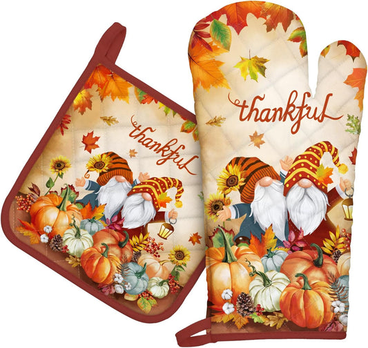 Thanksgiving Fall Gnome Oven Mitts and Pot Holders Sets 2Pcs, 100% Cotton Pumpkin Heat Resistant Extra Long Oven Gloves Potholder for Kitchen Cooking Baking Decoration