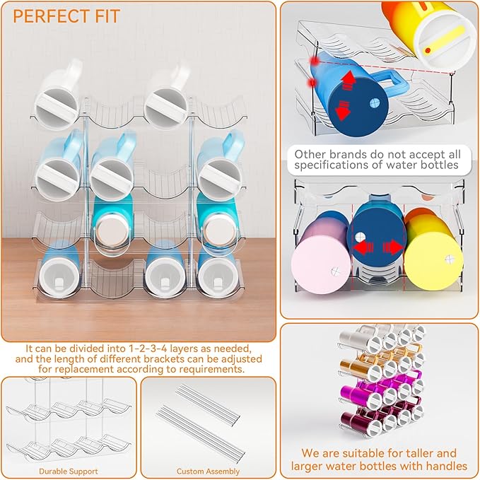 Yieach 2 Tier Water Bottle Holder for Cabinet,Acrylic Wine Rack and Stackable Water Bottle Organizer for Pantry - Waterbottle Organizer for 40 oz Stanley Cup Holder and Other Tumbler Organizers