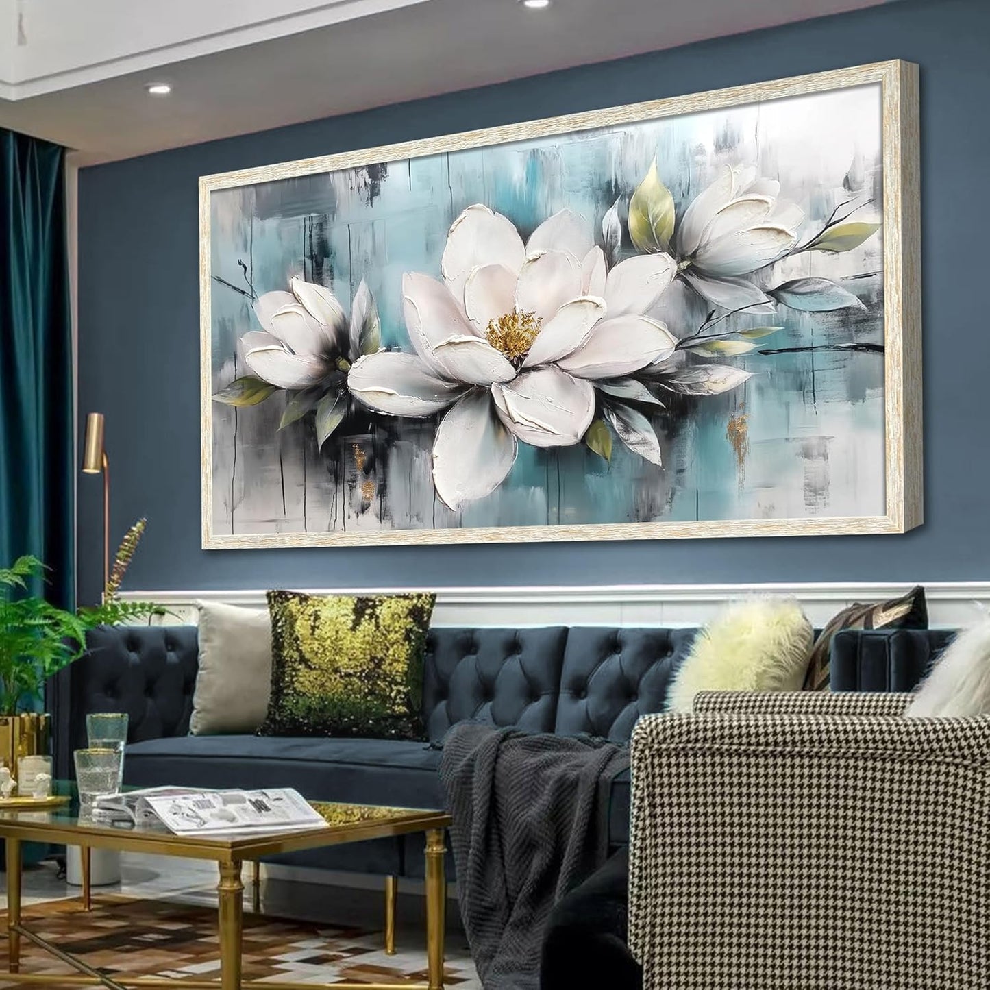 Ardemy Magnolia Wall Art Framed Large Canvas Wall Decor Living Room, White Floral Pictures Wall Decor Teal Paintings FlowerTextured Artwork for Bedroom Dining Room Home Office, 58"x29"