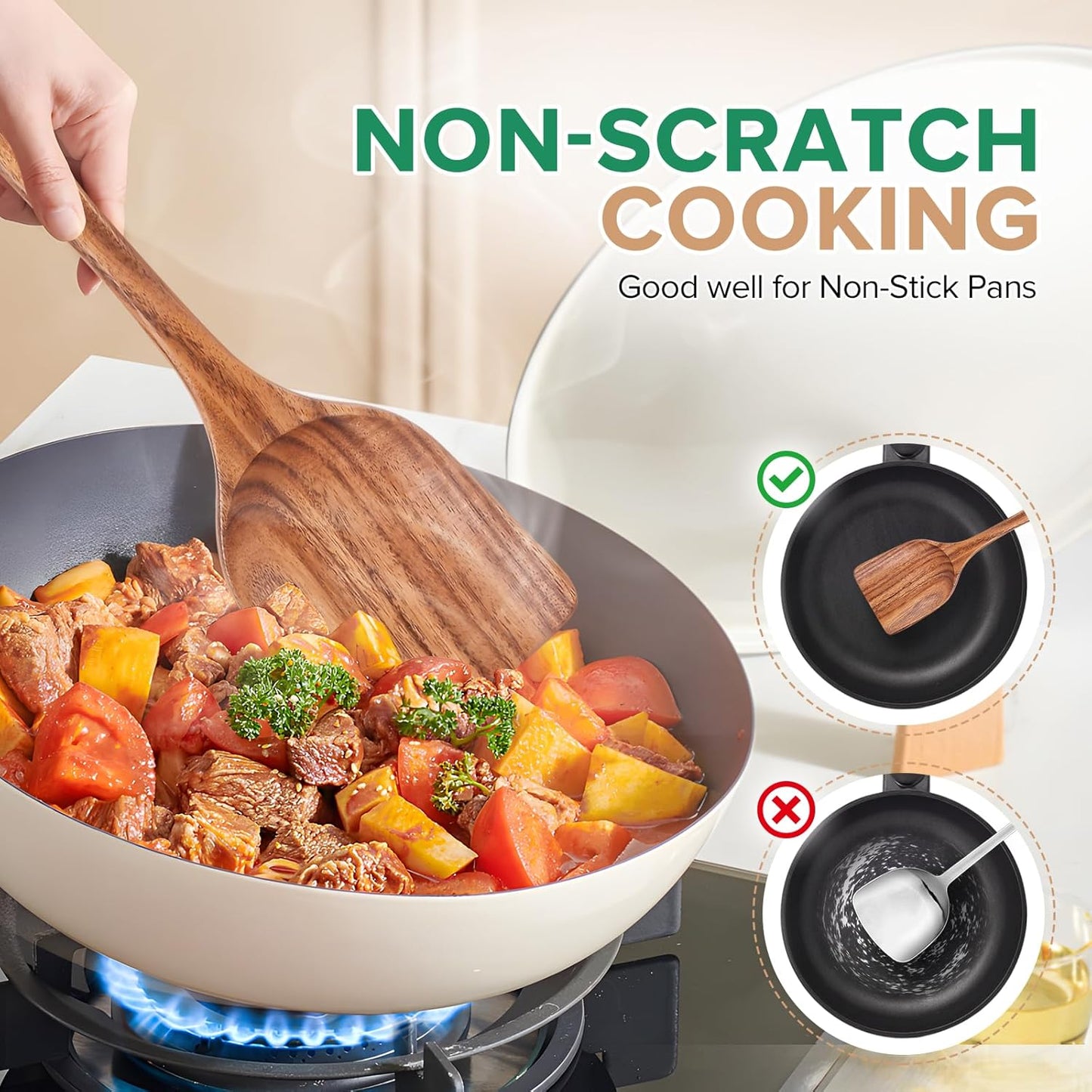 Teak Wood Spatula for Cooking, Wooden Kitchen Cooking Utensil, Large Long Handle Solid Wok Spatula Flipper with Raised Sides for Serving Scooping Frying Mixing Stirring Eggs Beans,Non-Toxic,13.4″,1Pk