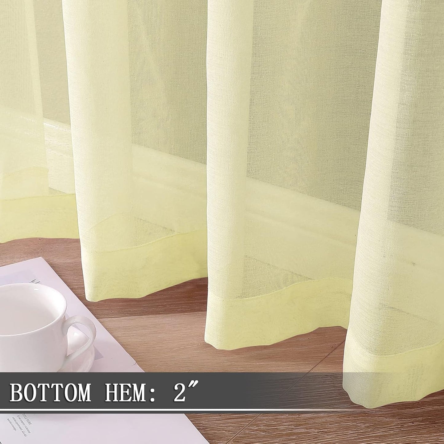 Tollpiz Sheer Curtains Bedroom Linen Textured Curtain Sheers Light Filtering Voile Rod Pocket Curtains for Living Room, 38 x 84 inches Long, Transparent Yellow, Set of 2 Panels