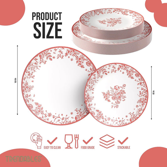 Trendables Disposable Plates For Party Supplies | Pink Floral Plastic Plates For Wedding 200 Pcs - 100 X 8" & 100 X 10" Dinner Plate Sets | Floral Plate Set Disposable Plastic Dinnerware Sets