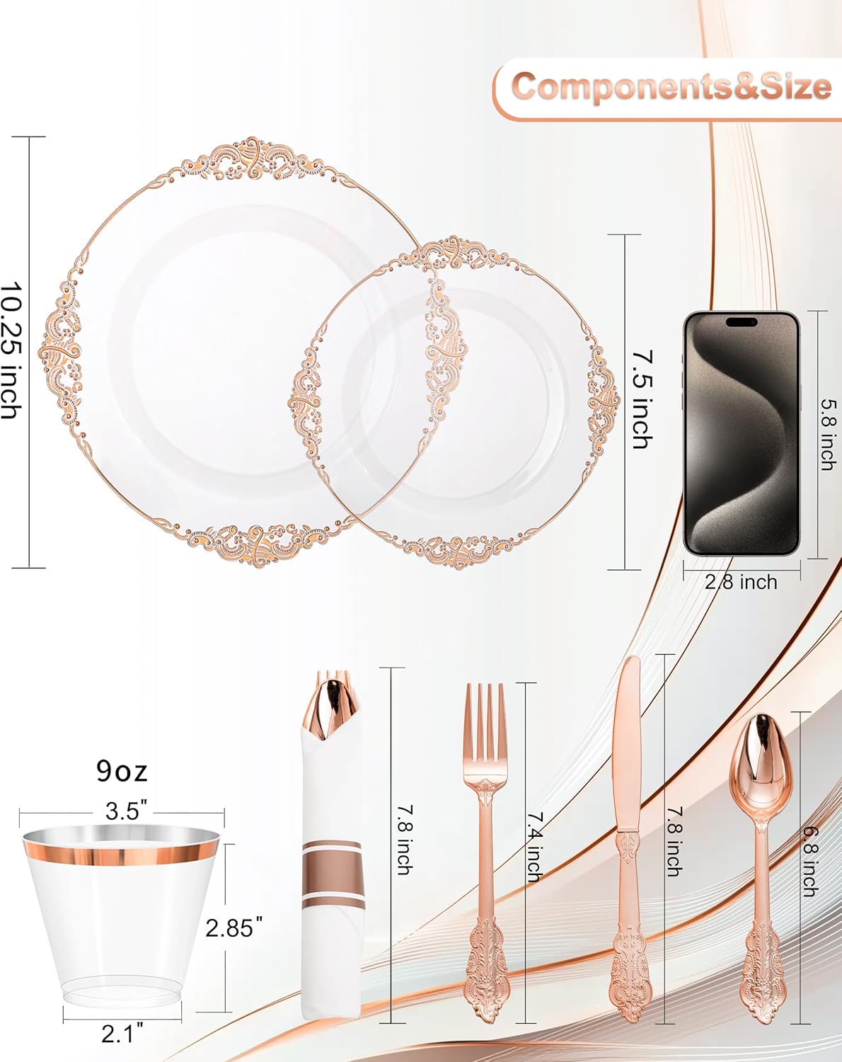 Nervure 175PCS Rose Gold Plastic Plates - Disposable Rose Gold Party Plates & Pre Rolled Napkins with Cutlery for 25 Guests, 50Plates, 75Silverware, 25Cups, 25Napkin for Wedding & Party