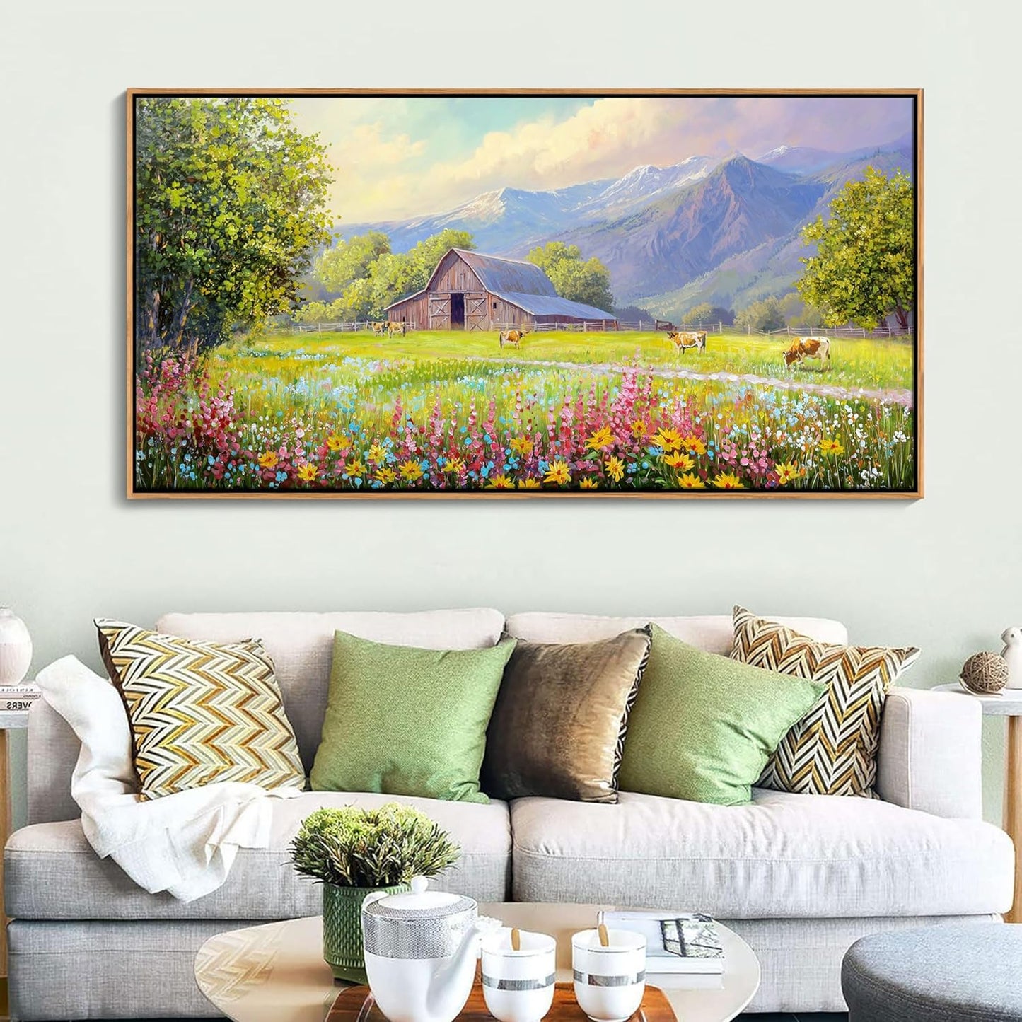 AJAZIKO Rustic Mountain Wall Art,Farmhouse Landscape Wall Decor with Highland Cow & Floral Art - Nature & Country Artwork for Living Room, Bedroom & Walls - Framed Flower Pictures for Home 24x48IN