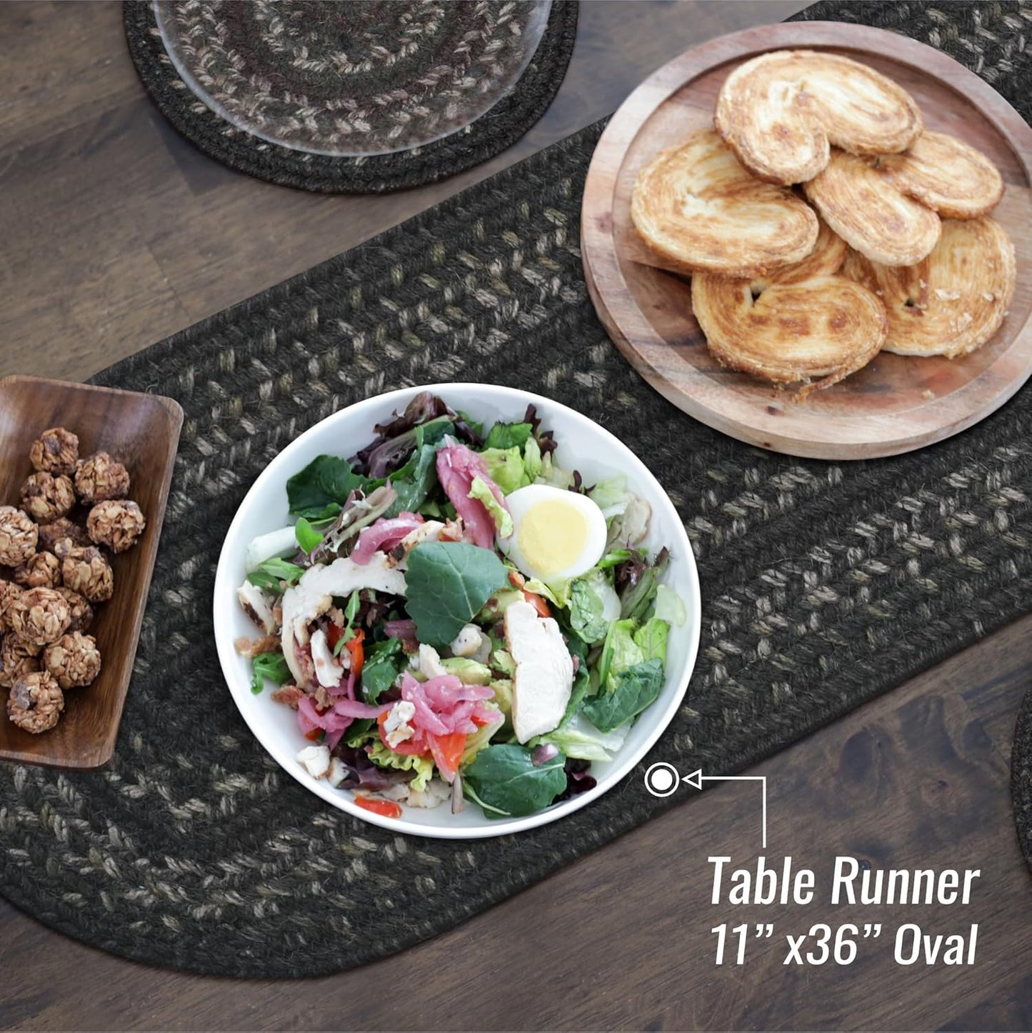 Homespice Jet Black Braided Oval Table Runner, Warm Primitive Decor,11x36 - Jute Dining Table Accessories - Rich Colors, Easy to Clean, Durable and Protects Furniture