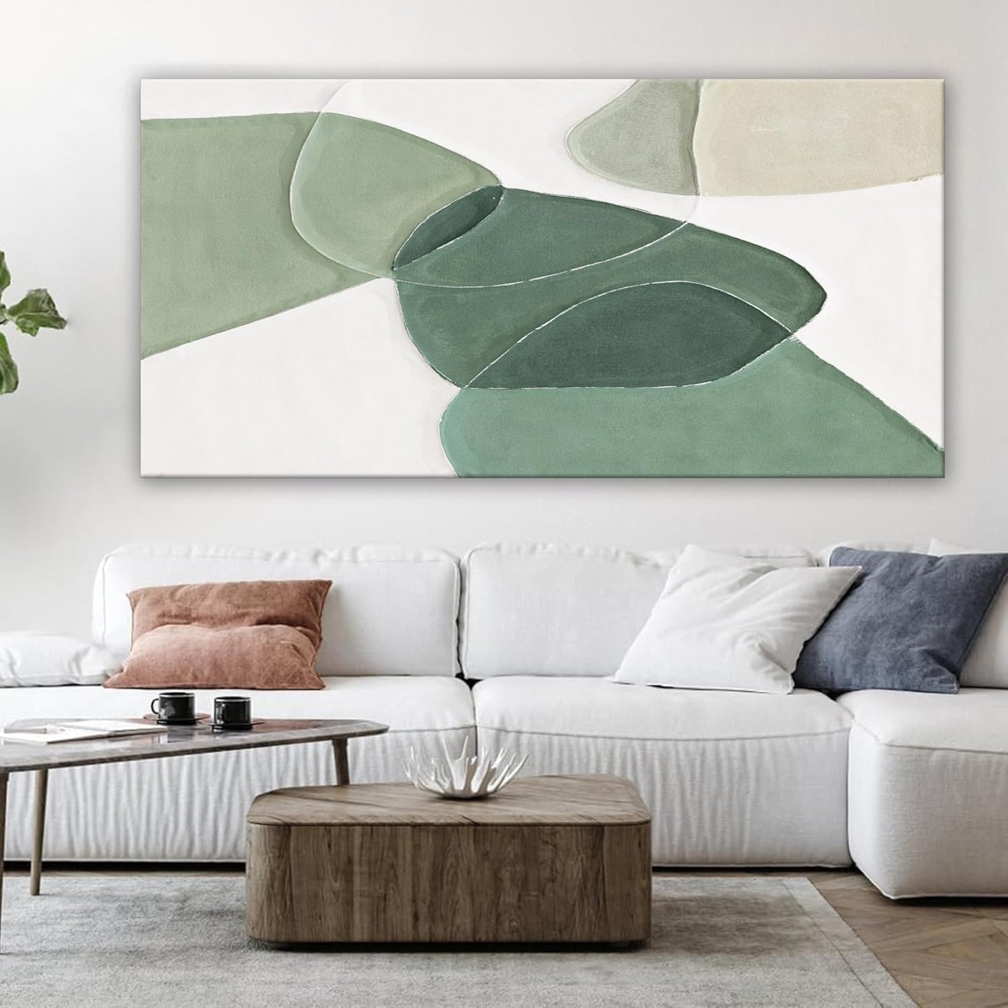 QSQ Modern Wall Art Large Green And White Geometric Color Block Line Wall Painting Artwork Canvas Simple Picture Textured Artwork For Living Room Bedroom Office Home Decor 29"X 58"