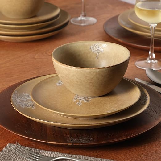Gibson Elite Valencia Bloom 12 Piece Plates and Bowls Dinnerware Set - Taupe with Floral Decal Dishes - Microwave and Dishwasher Safe