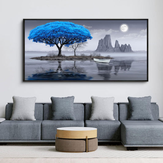 XLSJERST Wall Art for Living Room - Black and White Blue tree Moon Canvas Wall Decor for Home artwork Painting 48x24 Inches Canvas Print for Bedroom Decor Modern Salon Kitchen Office Hang a Picture