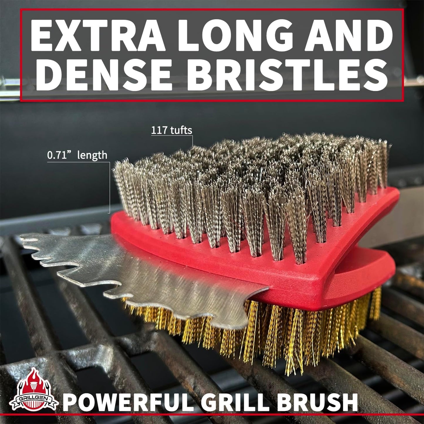 GRILLGEN Grill Brush and Scraper- Heavy Duty Grill Brush with Steel and Brass Bristles BBQ Cleaner for Outdoor Grills,BBQ Accessories for Porcelain, Cast Iron, Stainless Steel Grates