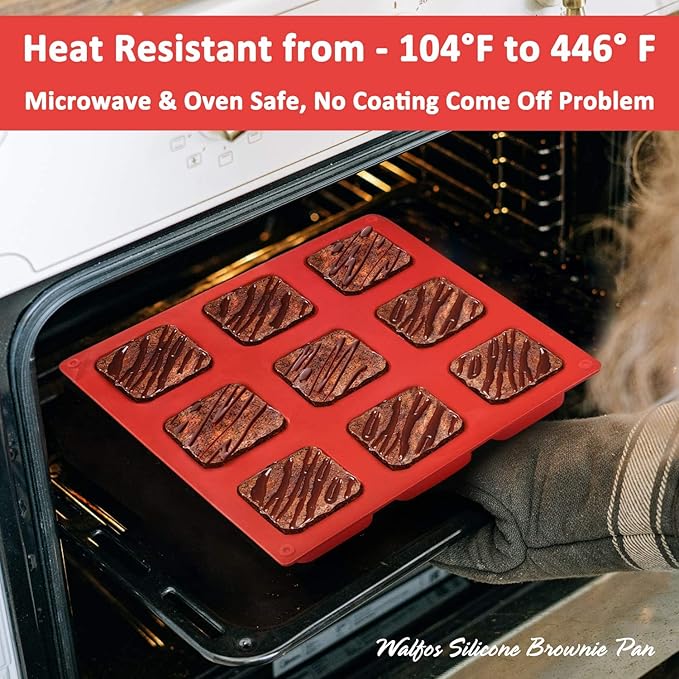 Walfos Silicone Brownie Pan 9-Cavity Non-stick Square Baking Pan, Perfect for Brownies, Cornbread, Muffin and Cakes, BPA Free and Dishwasher Safe, Set of 2