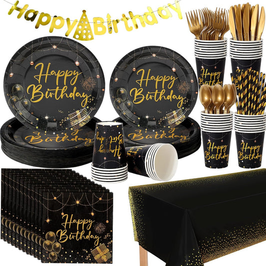 Sawysine 202 Pcs Black and Gold Happy Birthday Party Supplies Disposable Dinnerware Set 50 Plates 25 Cups 25 Napkins 25 Plastic Forks 25 Knives 25 Spoons 25 Straw Flag Tablecloth to Serve 25 Guests