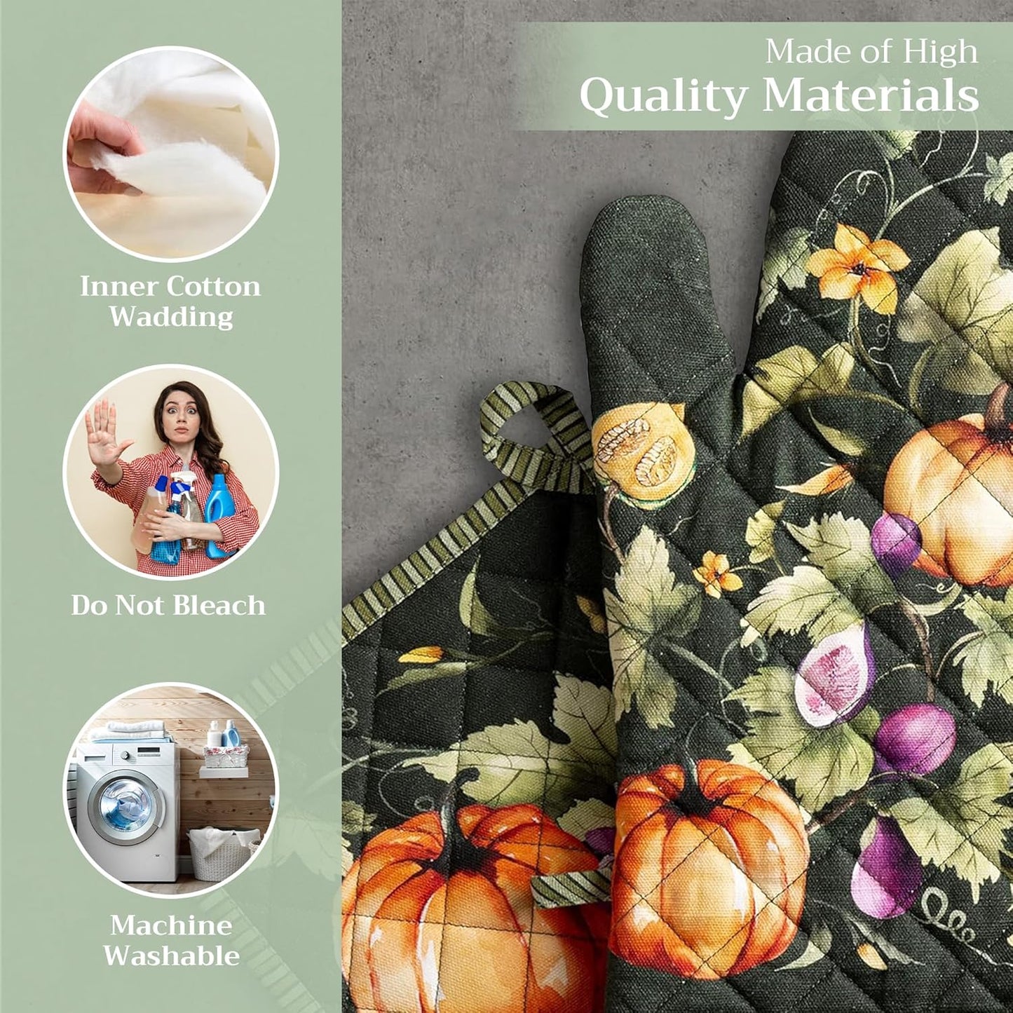 Maison d' Hermine 100% Cotton Oven Mitt & Pot Holder Set (7.5"x13" & 8"x8") Heat Resistant BBQ Cooking Gloves with Loop for Christmas Decorations Handling Hot Pans (Pumpkin Garden - Dark Green)