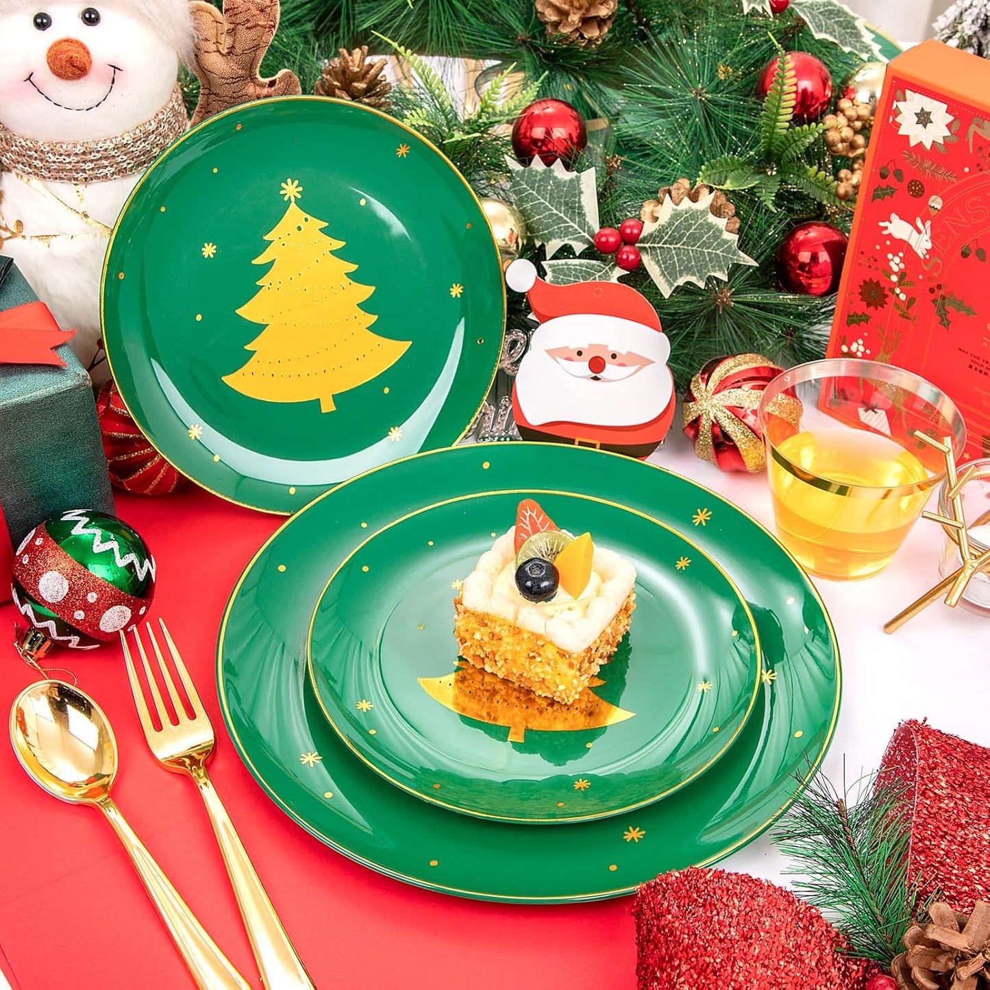WDF 150pcs Christmas Plates Plastic Disposable - 25 Guests Green Plates with Gold Tree, Gold Plastic Silverware, Clear Gold Cups, Christmas Design Perfect for Christmas Parties, EJ