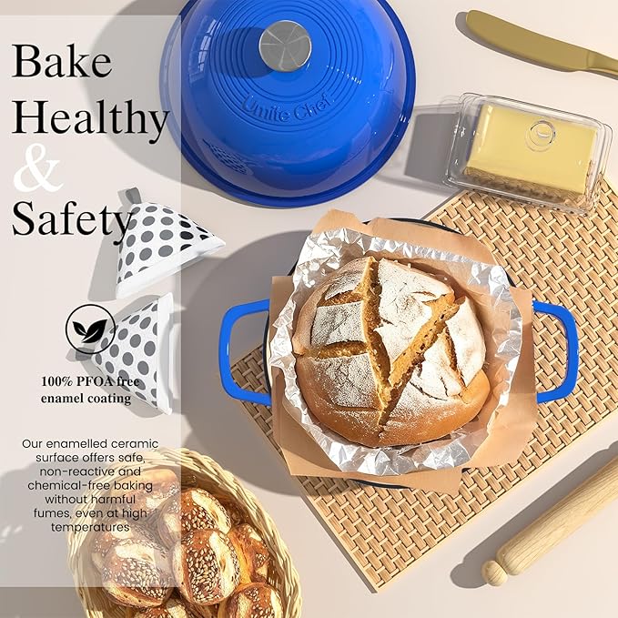 Enamelled Cast Iron Dutch Oven Pot – Dutch Oven Pot with Lid For Sourdough Bread Baking – Cast Iron Bread Oven – Dark Blue, Umite Chef 6QT Pot with Lid & Cotton Potholders
