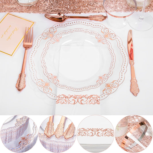 Ciaell 175 PCS Rose and Gold Plastic Plates - Fancy Rose Gold Disposable Dinnerware Set with of 50 Plates, 25 Knives, 25 Forks, 25 Spoons, 25 Cups, 25 Napkins for Wedding & Party