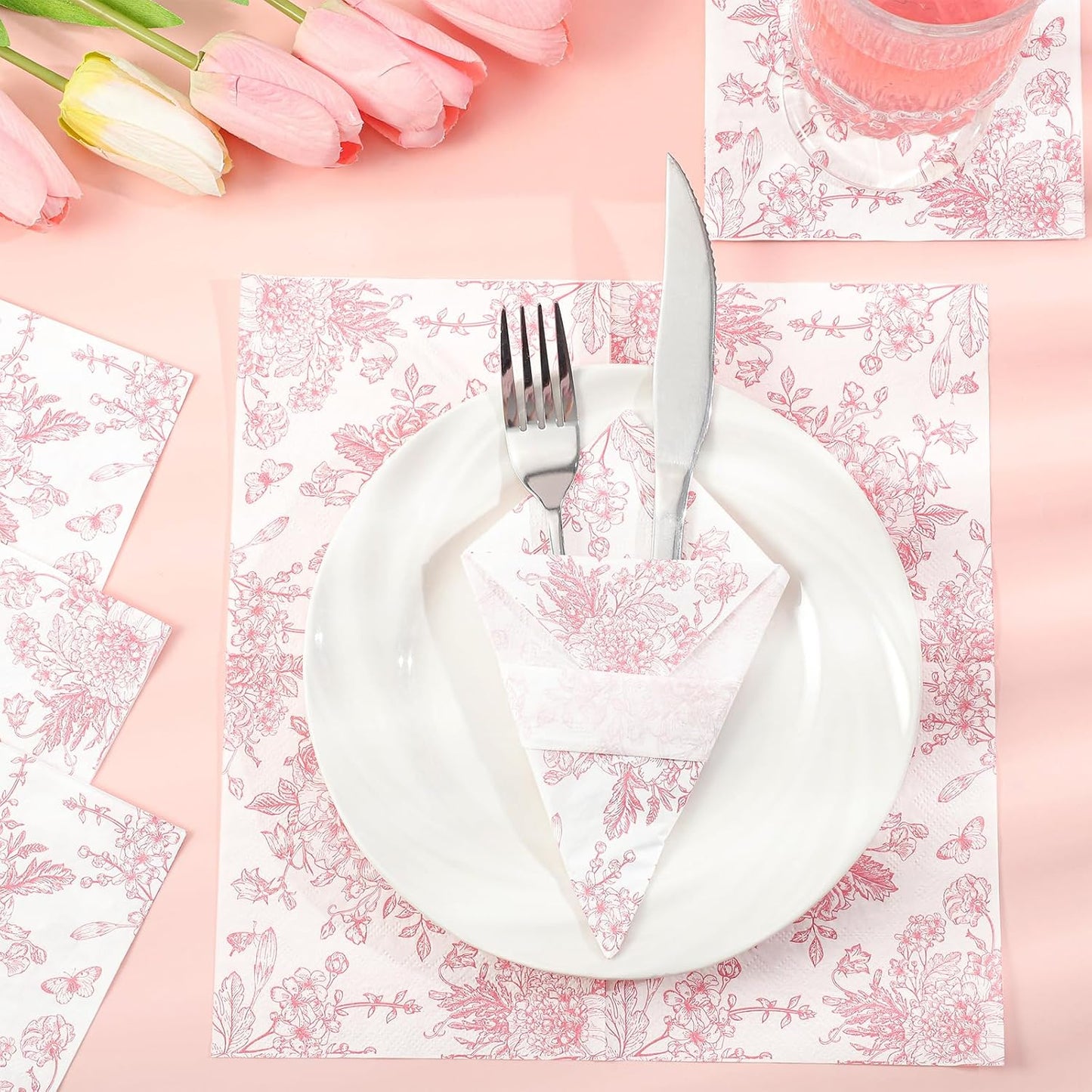 100 Pcs Pink Floral Napkins, Pink and White Toile Cocktail Napkins Vintage Flower Butterfly Design Cute Decoupage Napkin for Wedding, Bridal Baby Shower, Tea Party, 5 x 5 Inch