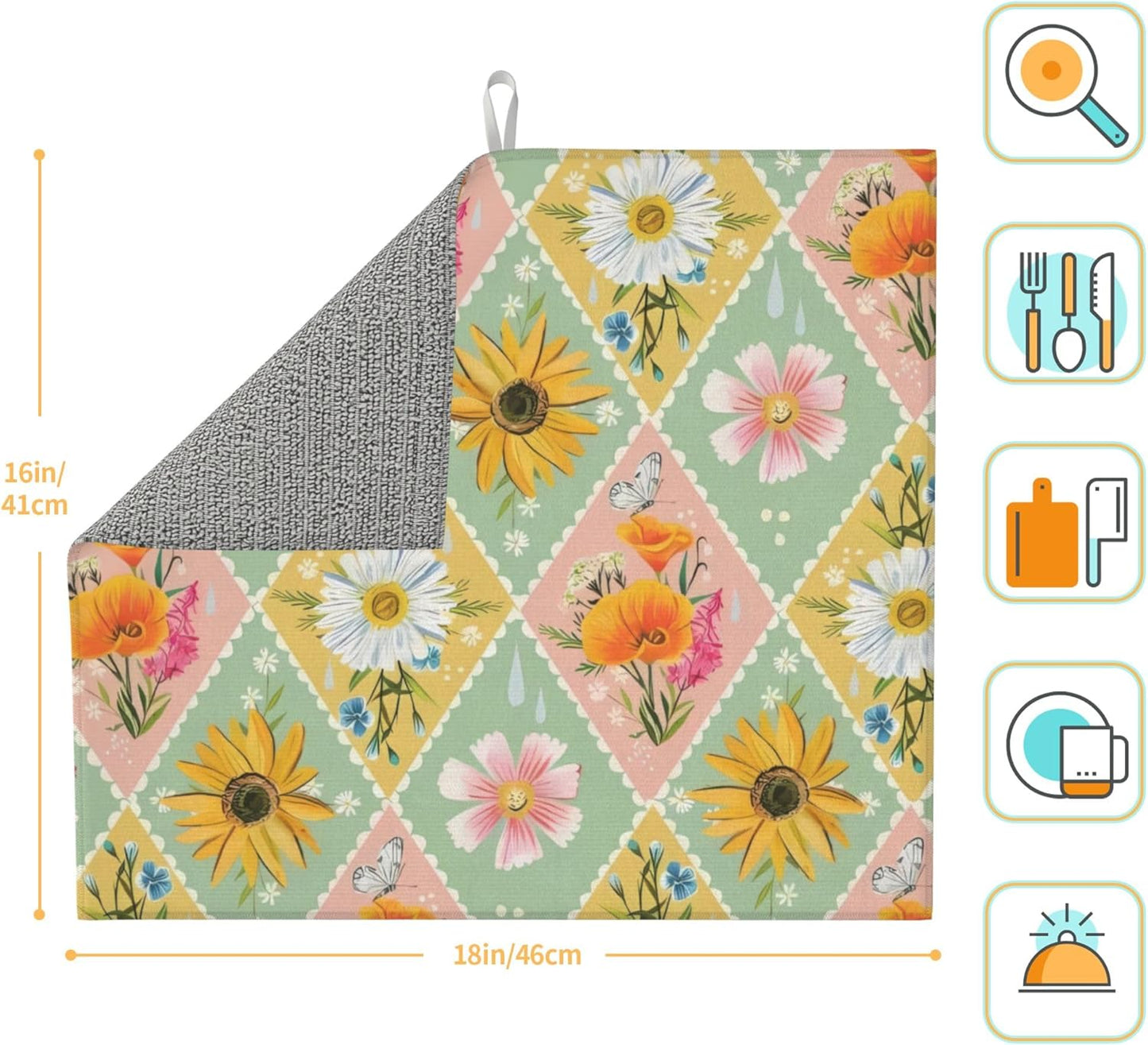 Daisy Flowers Dish Drying Mat 16x18 Inch, Microfiber Absorbent Fast Dry Mat Floral Large Dish Mat Drying Kitchen Mat, Kitchen Drying Pad for Kitchen Counter Coffee Bar Decor Gifts