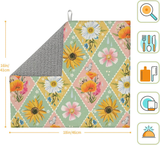Daisy Flowers Dish Drying Mat 16x18 Inch, Microfiber Absorbent Fast Dry Mat Floral Large Dish Mat Drying Kitchen Mat, Kitchen Drying Pad for Kitchen Counter Coffee Bar Decor Gifts