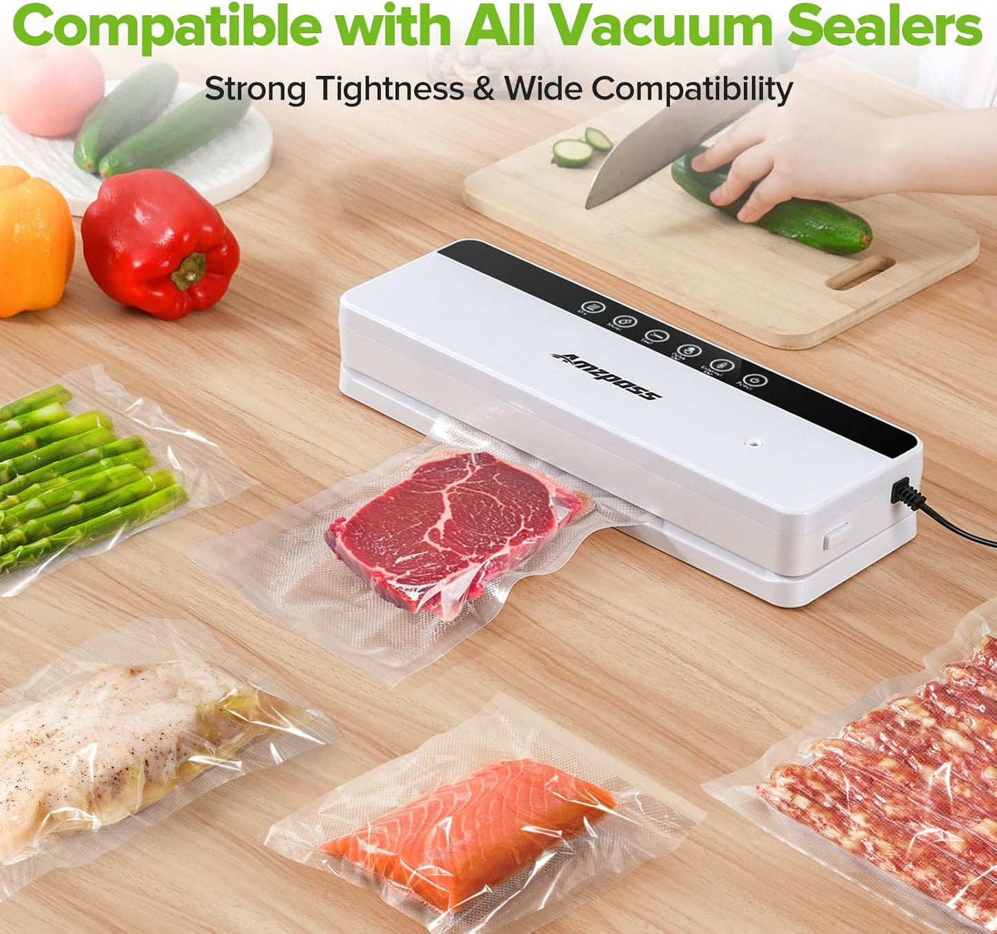 Vacuum Sealer Bags for Food, 7 Pack - 8" x 20' (3 Rolls) + 11"x 20' (3 Rolls) + 6"x 20' (1 Roll), BPA-Free Commercial Grade Embossed Customized Size Bags for Food Storage, Meal Prep, Sous Vide