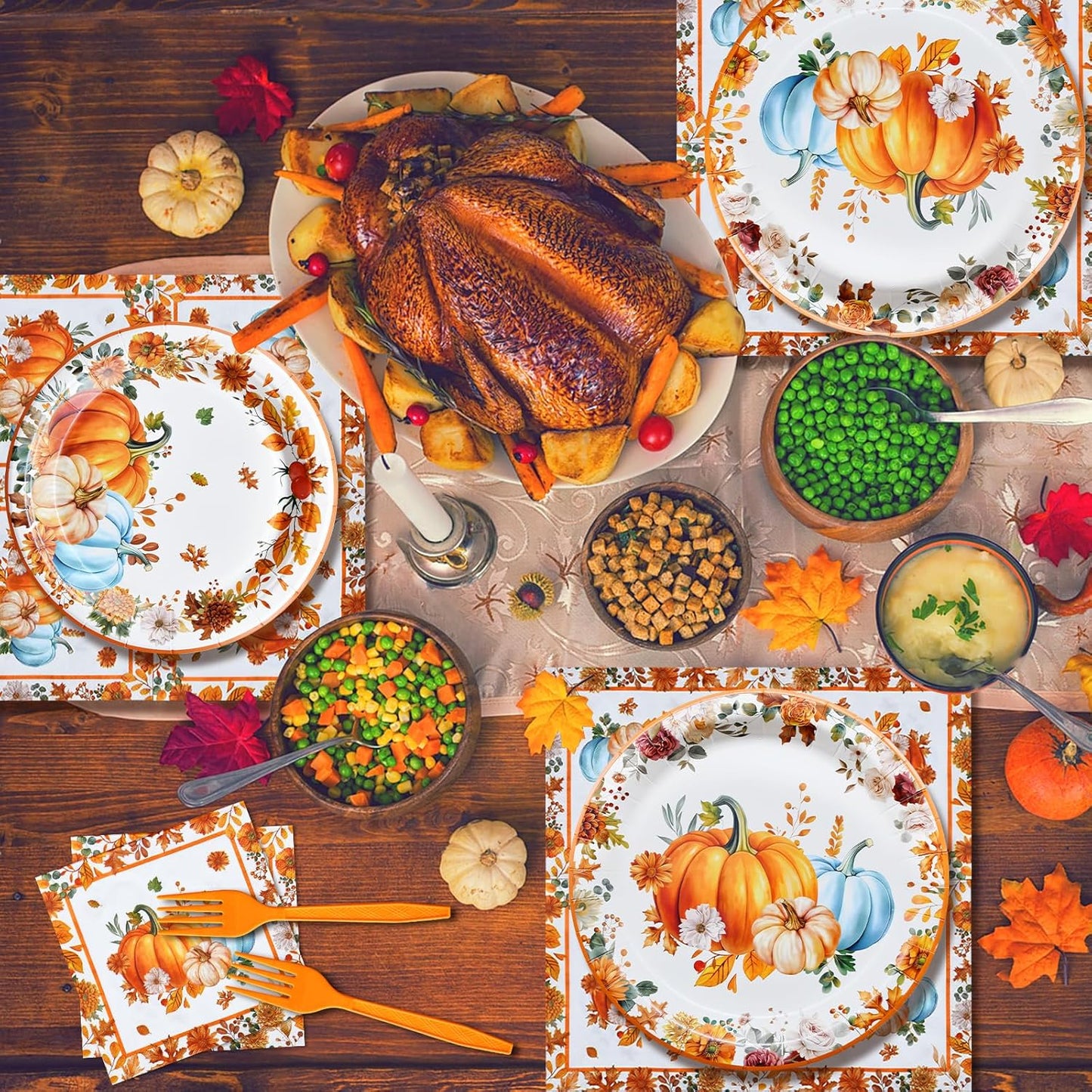 96 Pieces Thanksgiving Pumpkin Tableware Set – Rustic Sunflower and Pumpkin Disposable Plates, Napkins, and Forks for Fall Dinners, Friendsgiving, Harvest Parties – Serves 24 Guests