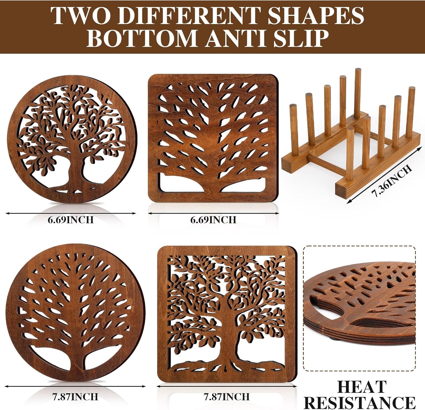 5 Pcs Life Tree Wooden Trivets with Storage Rack Hot Pads Trivets for Hot Dishes Pots and Pans Heat Resistant Mat Set Tea Pot Holders for Kitchen Dining Table(Dark Wood)