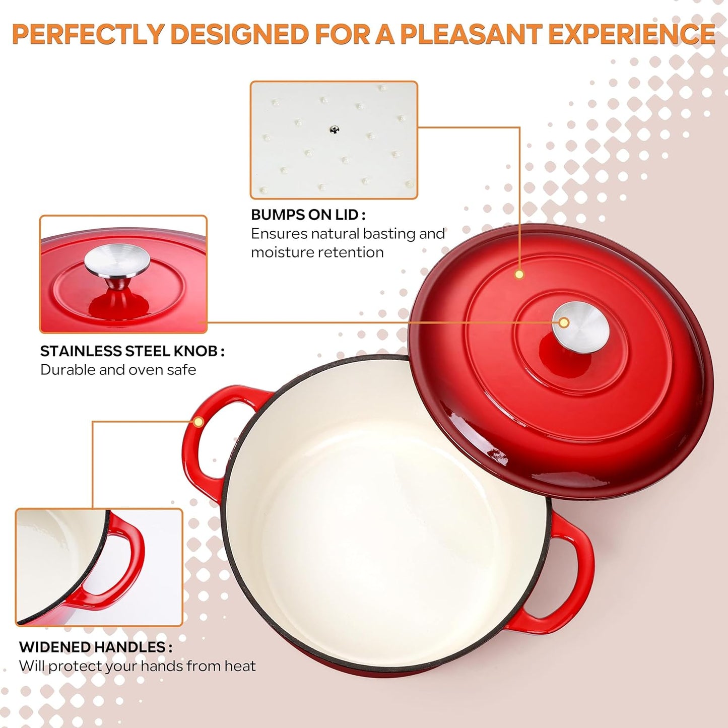 Herogo 6QT Enameled Cast Iron Dutch Oven & Silicone Trivet Mat, Round Dutch Oven Pot with Lid Dual Handles for Bread Baking Stewing Roasting, Safe for Various Stovetops, Nonstick & Easy Cleanup-Red