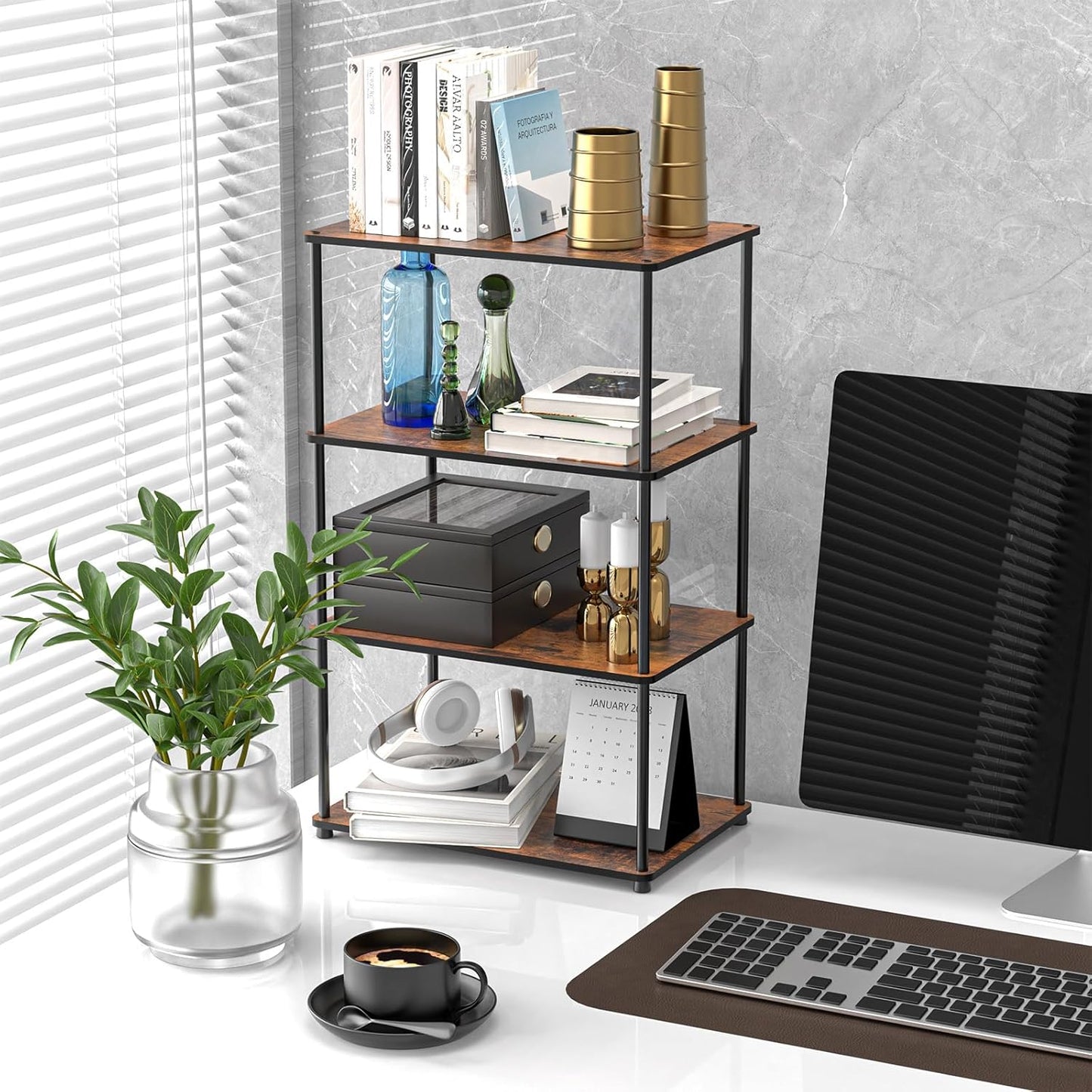 Countertop Spice Rack, Stackable Wood & Metal Pantry Cabinet Shelf Organizer Storage, 4-Tier or Split into 2×2-Tier, Multi-Use for Kitchen Bathroom Desktop Home Office, Rustic Brown