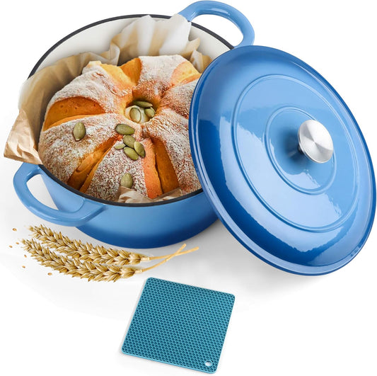 Herogo 6 QT Enameled Cast Iron Round Dutch Oven Pot with Dual Handles, Lid & Silicone Trivet Mat, for Bread Baking Stewing Roasting, Nonstick & Easy Cleanup, Safe for Various Stovetops-Blue