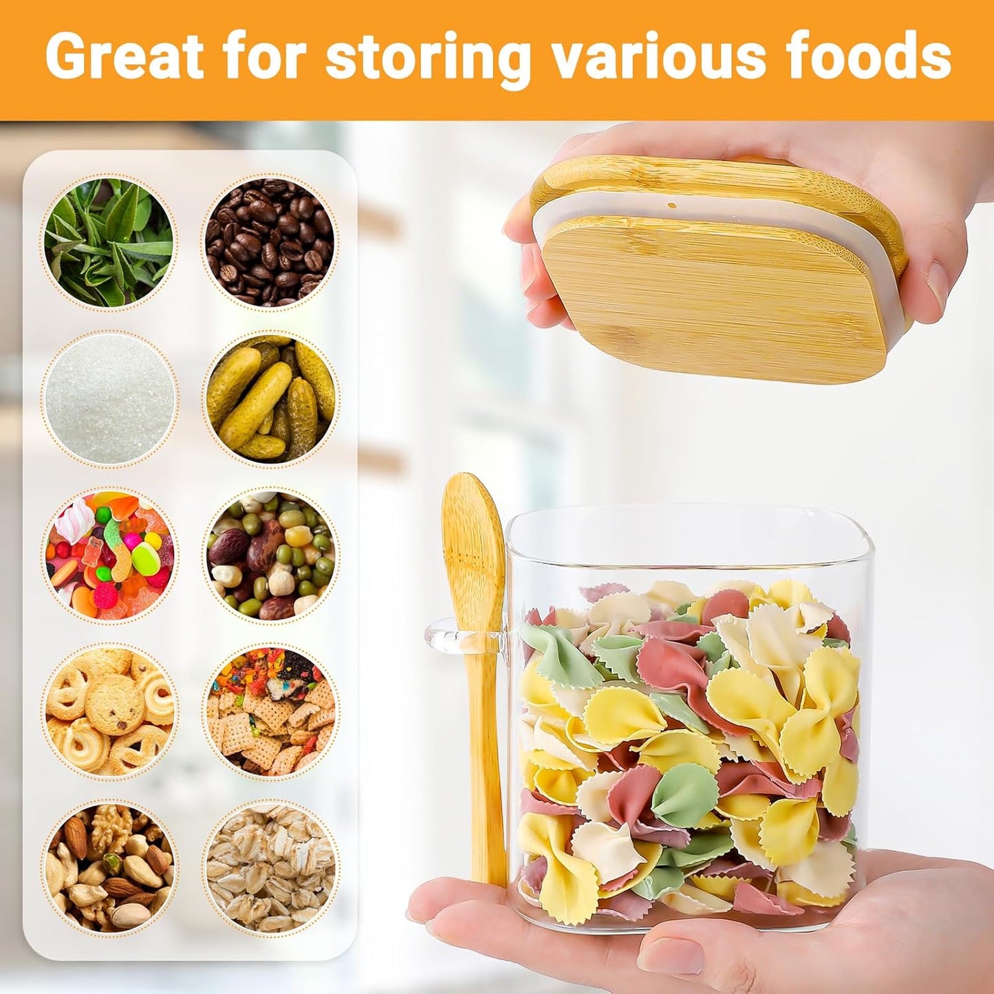 Glass Jars with Bamboo Lids - 4 Pack 24 Fl.oz Square Glass Mason Jars with Airtight Lid and Spoon, Clear Kitchen Pantry Container Stackable Food Canister for Coffee, Sugar, Tea, Candy, Cookie