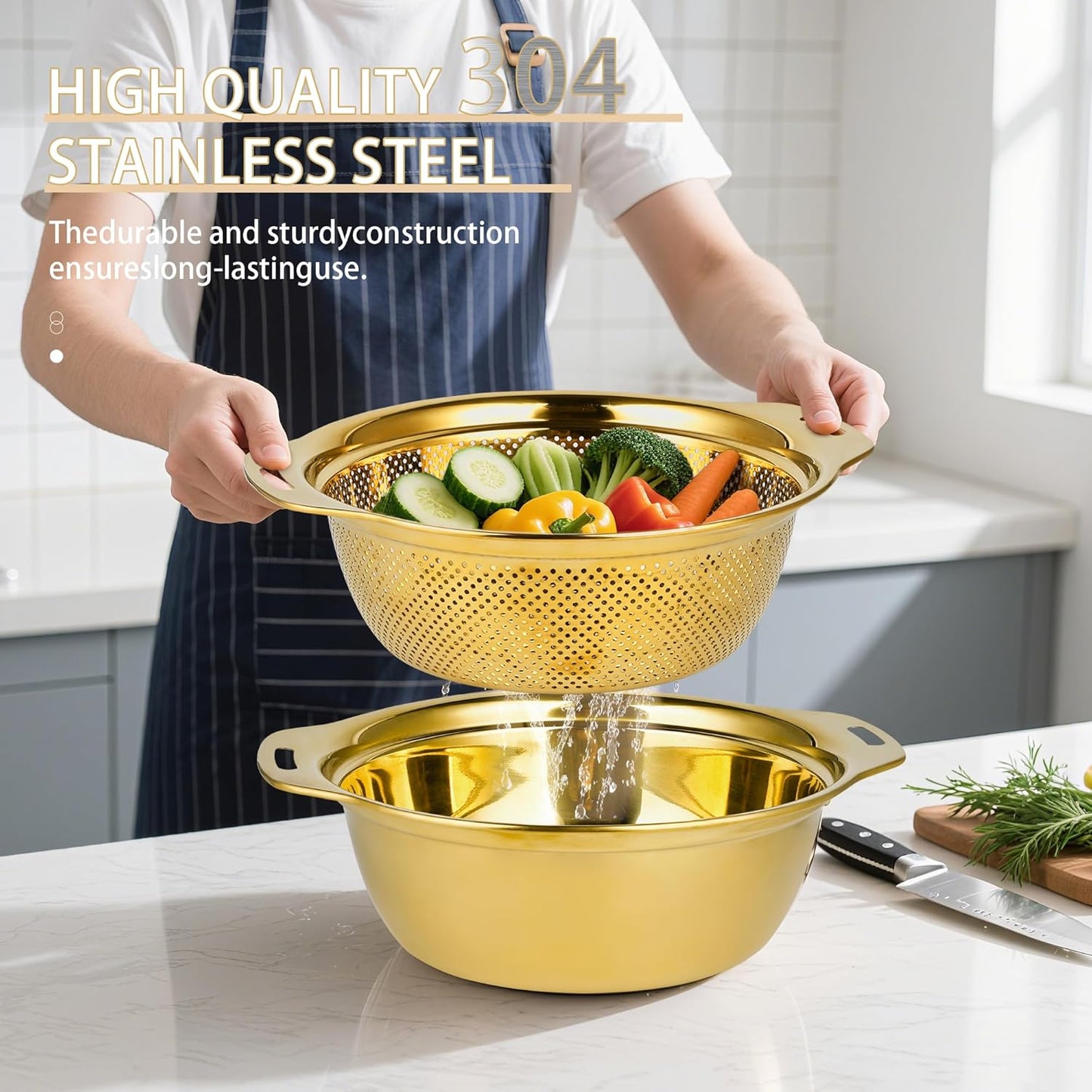 Colander 304 Stainless Steel 5-quart with Mixing Bowls, Strainer for Kitchen Food For washing vegetables, fruit, rice, Dishwasher Safe. (Gold 2PC)