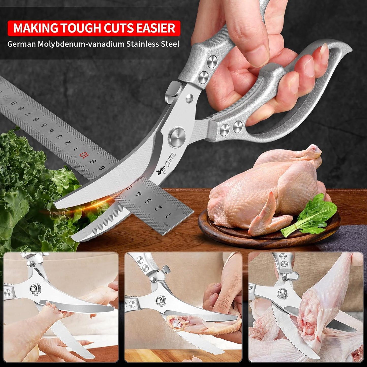 MAD SHARK Heavy Duty Poultry Shears, Kitchen Shears with Non-Slip Handle & Safety Lock, All Purpose Kitchen Scissors for Chicken, Meat Cutting, Turkey, Fish, Vegetables, Spring Loaded, Dishwasher Safe