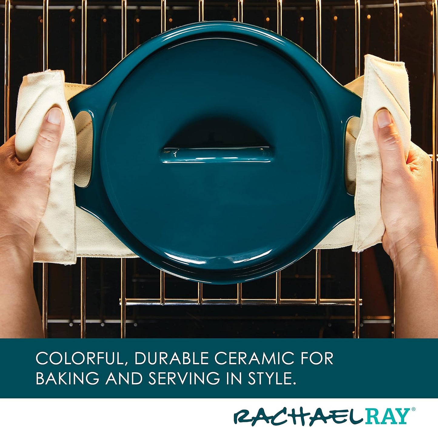 Rachael Ray Solid Glaze Ceramics Casserole Bakeware/Baker Set with Shared Lid, 3 Piece, Teal