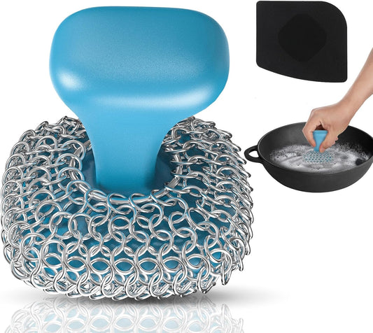 Cast Iron Scrubber | Dish Scrub Brush | 316 Cast Iron Cleaner Chainmail Scrubber for Pan Skillet Cleaner - Dish Scouring Pad Dishwasher Safe Cleaning Kit, Blue