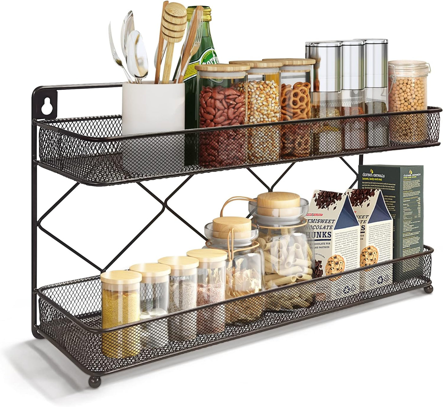 2 Tier Metal Kitchen Counter-top or Wall Mount Spice Rack, Jars Storage Organizer, Cabinet Holder, spice seasoning organizer for Partry (Bronze)