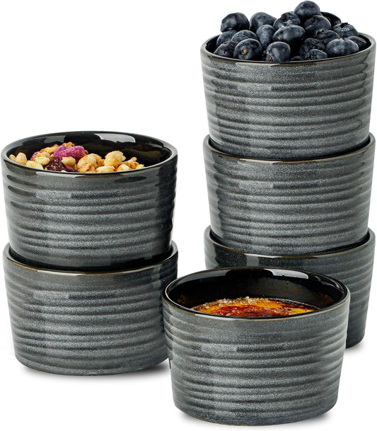 Hasense Ramekins 8 oz Oven Safe for Creme Brulee, Ceramic Souffle Dish Oven Safe Set of 6,Porcelain Dipping Sauce Bowls for Pudding, Creme Brulee, Souffle, Serving Dip, Custard, Ice Cream, Grey