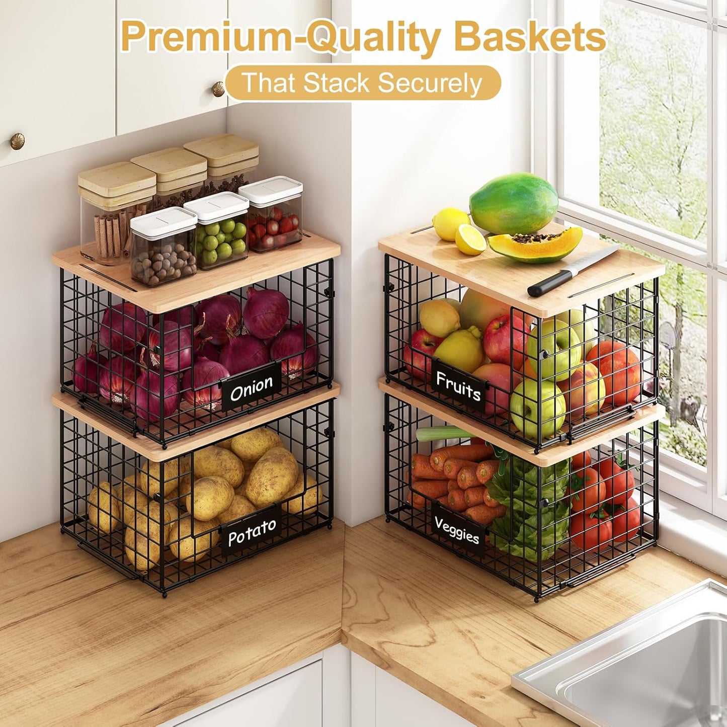 keomaisyto 2 Set XL Stackable Wire Baskets with Bamboo Top- Pantry Organizers and Storage, Kitchen Organization Counter Storage Bins for Potato/Onion/Fruit/Vegetable/Produce, Under Sink Organizing