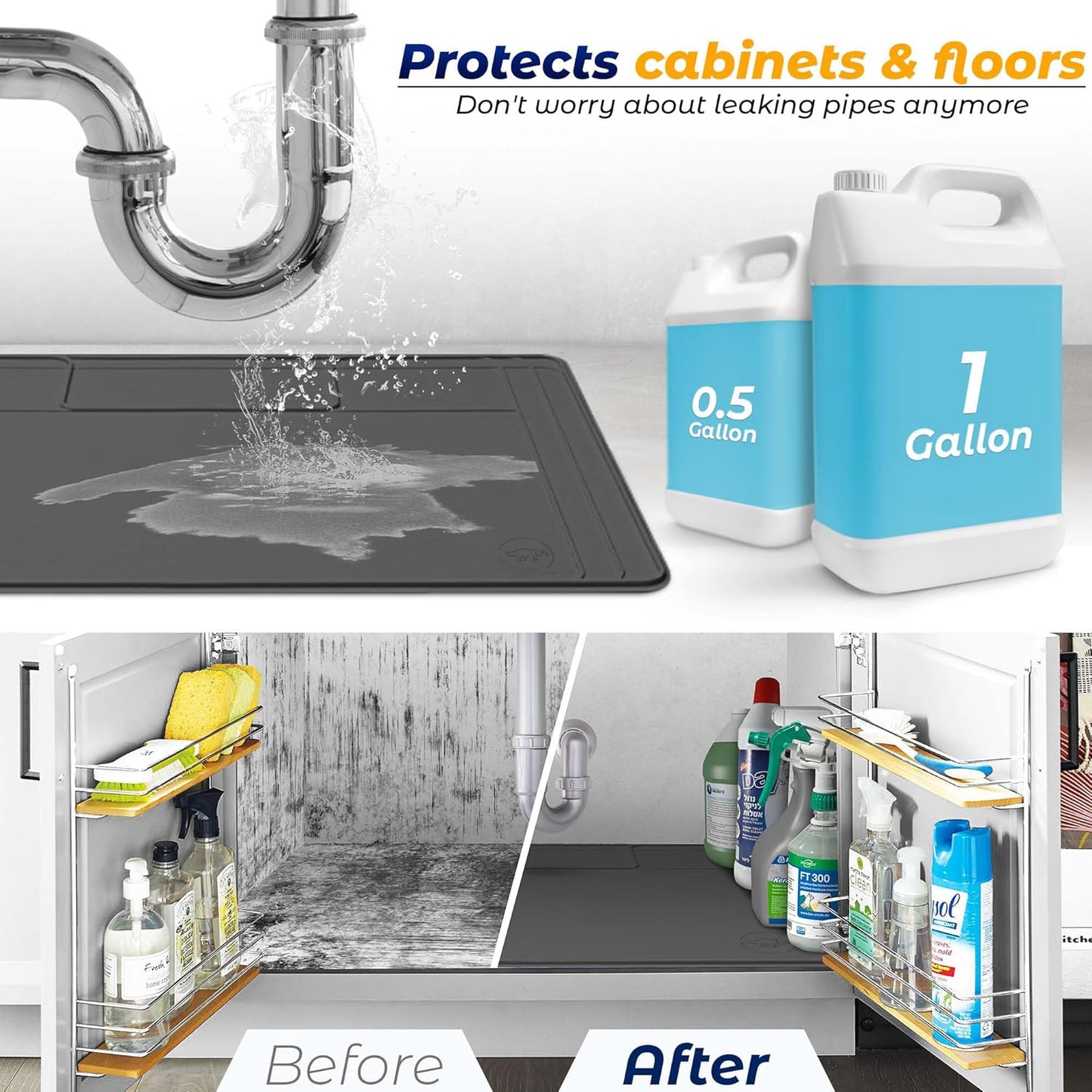 The Original Under Sink Mat - Silicone Waterproof mat, Trimmable, Easy to Clean, Kitchen cabinet liner, Under sink protector mats, Disinfection Surface - 34" x 22" or smaller