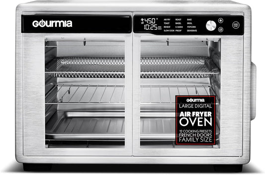 Gourmia French Door Digital Air Fryer Oven - XL 37QT Capacity, 12 Presets, FryForce 360° Tech, Dehydrate, Proof, Slow Cook, Fits 13” Pizza, 1700W, Stainless Steel