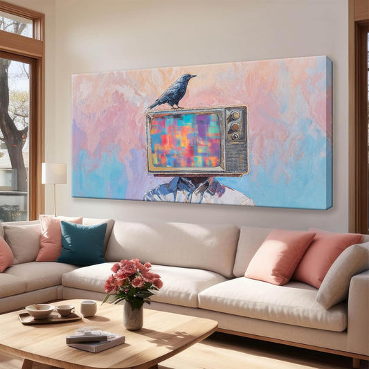 Abstract Art Wall Decor Prints Crow And Tv Head Wall Decorations Ready To Hang Modern Wall Art For Living Room Office Bedroom Bathroom Kitchen Canvas Prints Decor 20x40 Inch