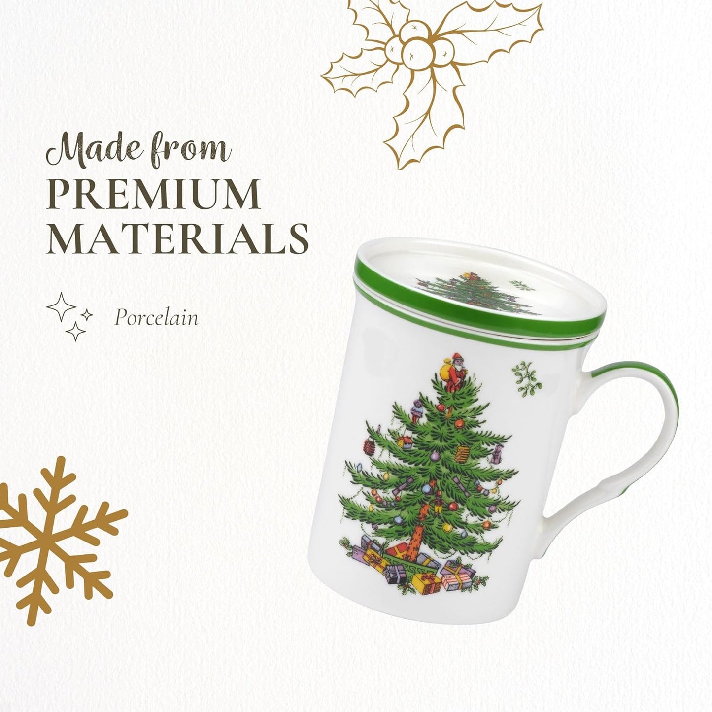 Spode Christmas Tree 12 oz Mug & Coaster Set - Holiday Coffee Cup, Tea Cup, Hot Chocolate Mug, Christmas Drinkware, Festive Tableware, Holiday Gift - Fine Porcelain, Dishwasher & Microwave Safe