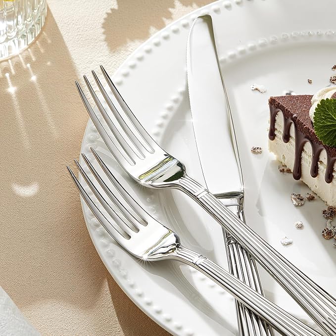 KINGSTONE 10-Piece Silverware Set, 18/10 Stainless Steel Flatware Set - Luxury Elegant Striped Cutlery with Dishwasher Safe, Durable for Family Dining, Catering, Weddings, Anniversaries Gift