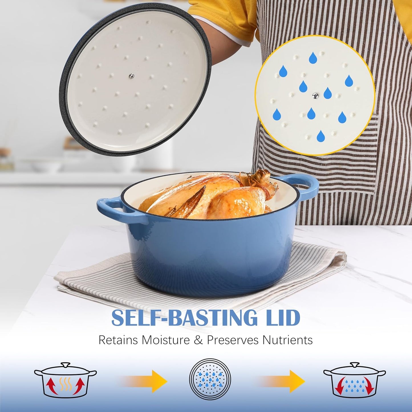 E-far Enameled Dutch Oven Pot for Bread Baking, 6QT Enameled Cast Iron Cookware with Self-Basting Lid & Sourdough Bread Baking Supplies, Heavy Duty Casserole Pot & Dual Handles-Blue