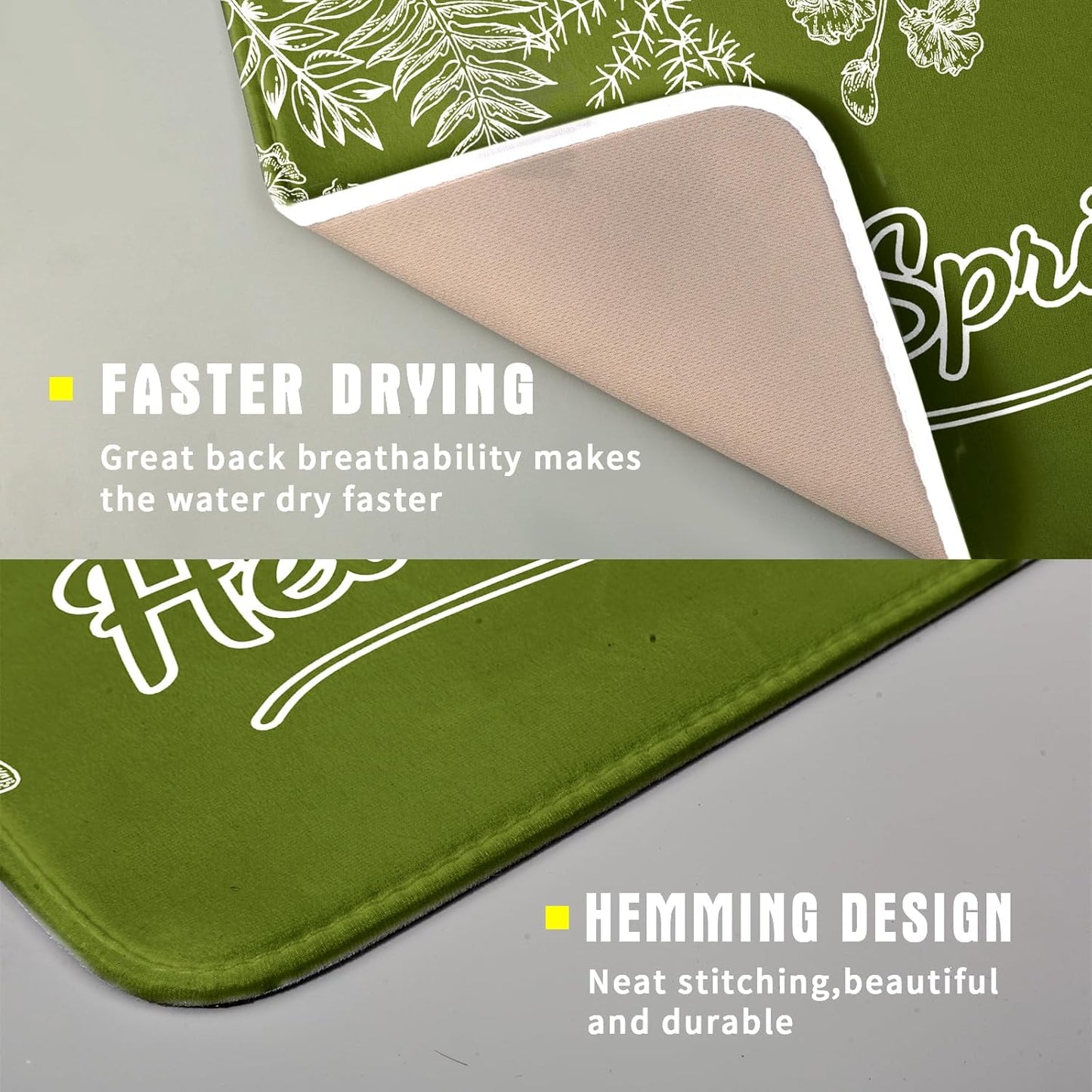 Spring Dish Drying Mats 16x18 Inch,Sage Green Leaves Seasonal Absorbent Microfiber Dishes Drainer Rack Mat Fast Dry Drying Pad for Countertop Table Sink Kitchen Decor Accessories
