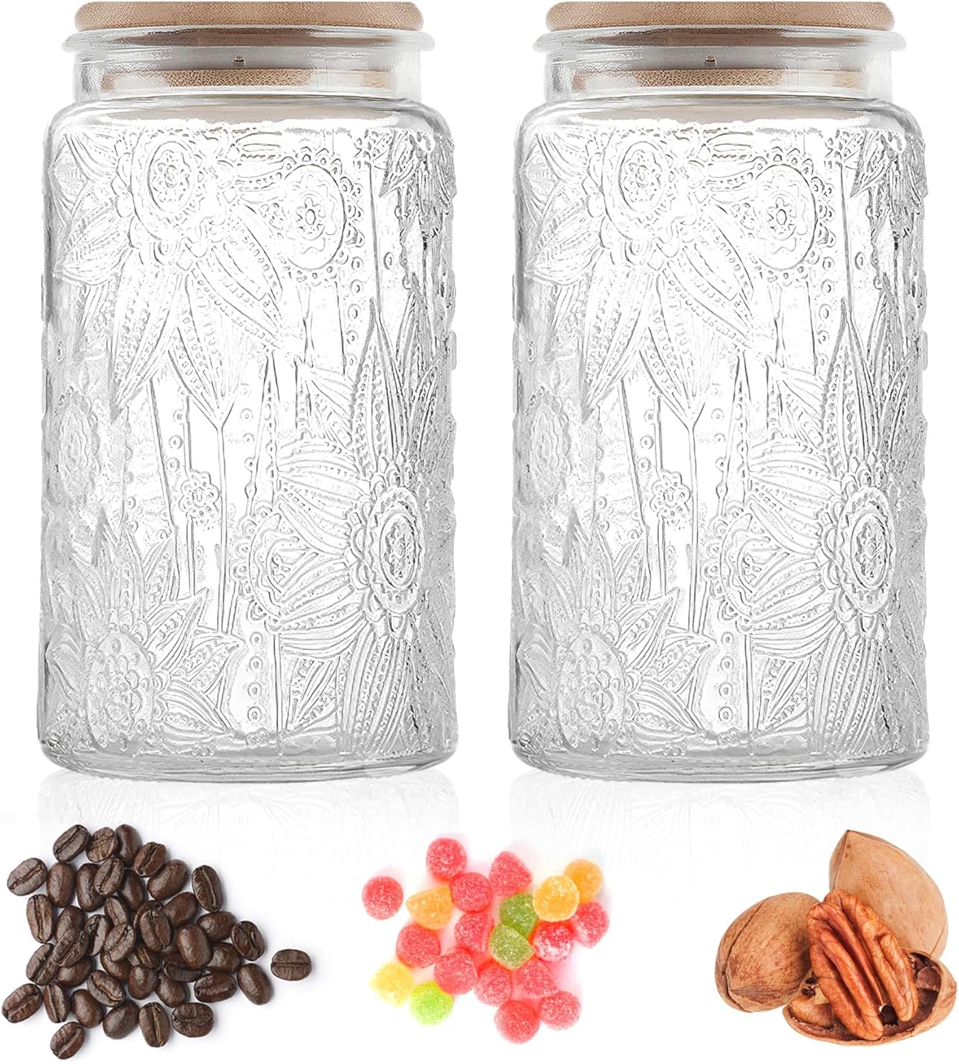 Glass Storage Jars with Airtight Bamboo Lid, 35 FL oz - Decorative Food Canisters for Kitchen Counter, Ideal for Sugar, Coffee, Tea, Candy, Cookies (35oz Large Sunflower)
