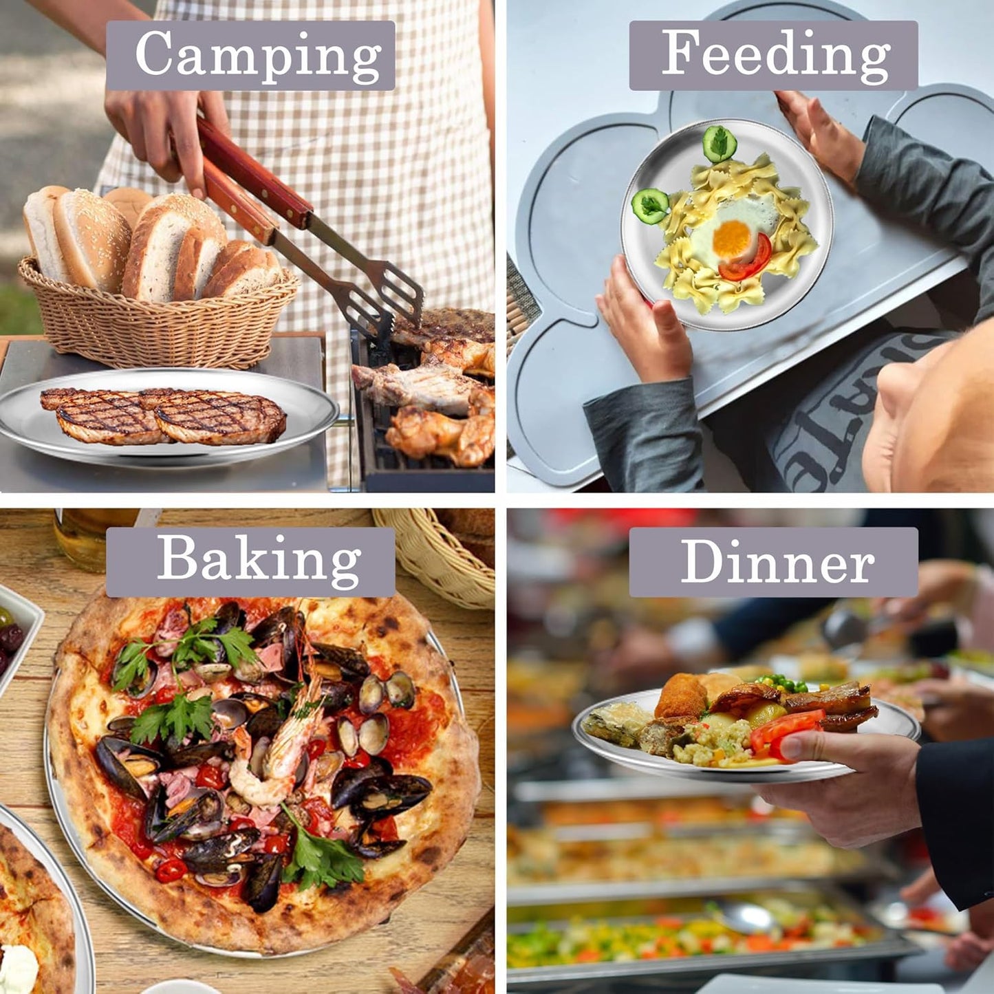 6-Piece Stainless Steel Plates, 8 Inch Metal Dinner Dishe Serving Camping Plates, Reusable and Dishwasher Safe