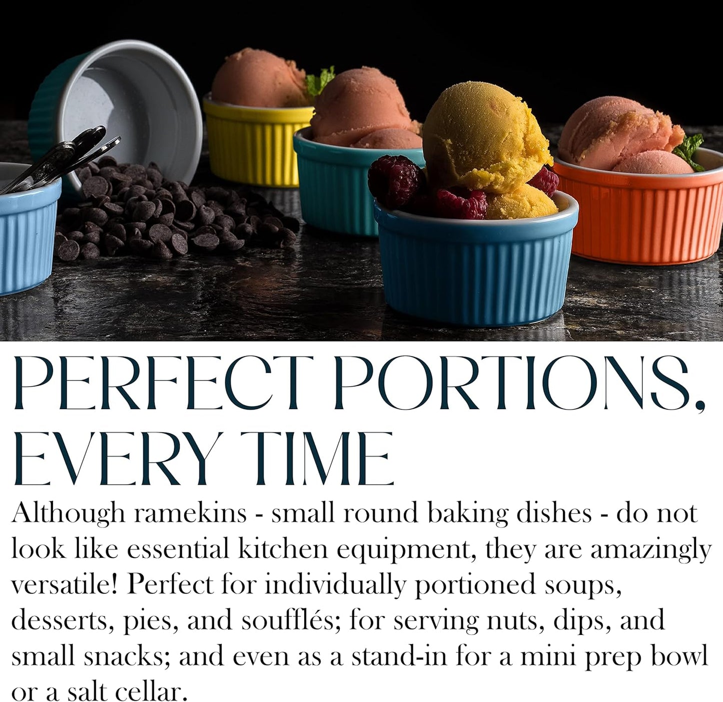 Bellemain 4 oz Porcelain Mini Bowls | Ramekins, Custard Cups, Mini Cheesecake Pans, Small Baking Dish, Dipping Sauce Bowls, Small Casserole Dishes, Ramekins Oven Safe to 500F, Set of 6 (Multi)