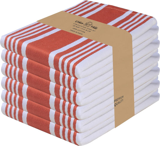 Urban Villa Fall Kitchen Towels 100% Cotton Pack of 6 Highly Absorbent Quick Drying Soft Premium Dish Towels for Kitchen with Hanging Loop Thanks Giving TeaTowels - 20x30 Inch (Rust & White Striped)