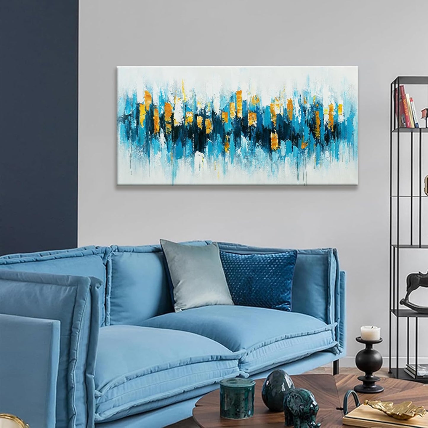 Blue Abstract Wall Art Living Room Abstract Painting Wall Decor Modern 24"X 48" Canvas Art Wall Decor Blue Gold Wall Art Canvas Prints Artwork Pictures For Bedroom Kitchen Artwork