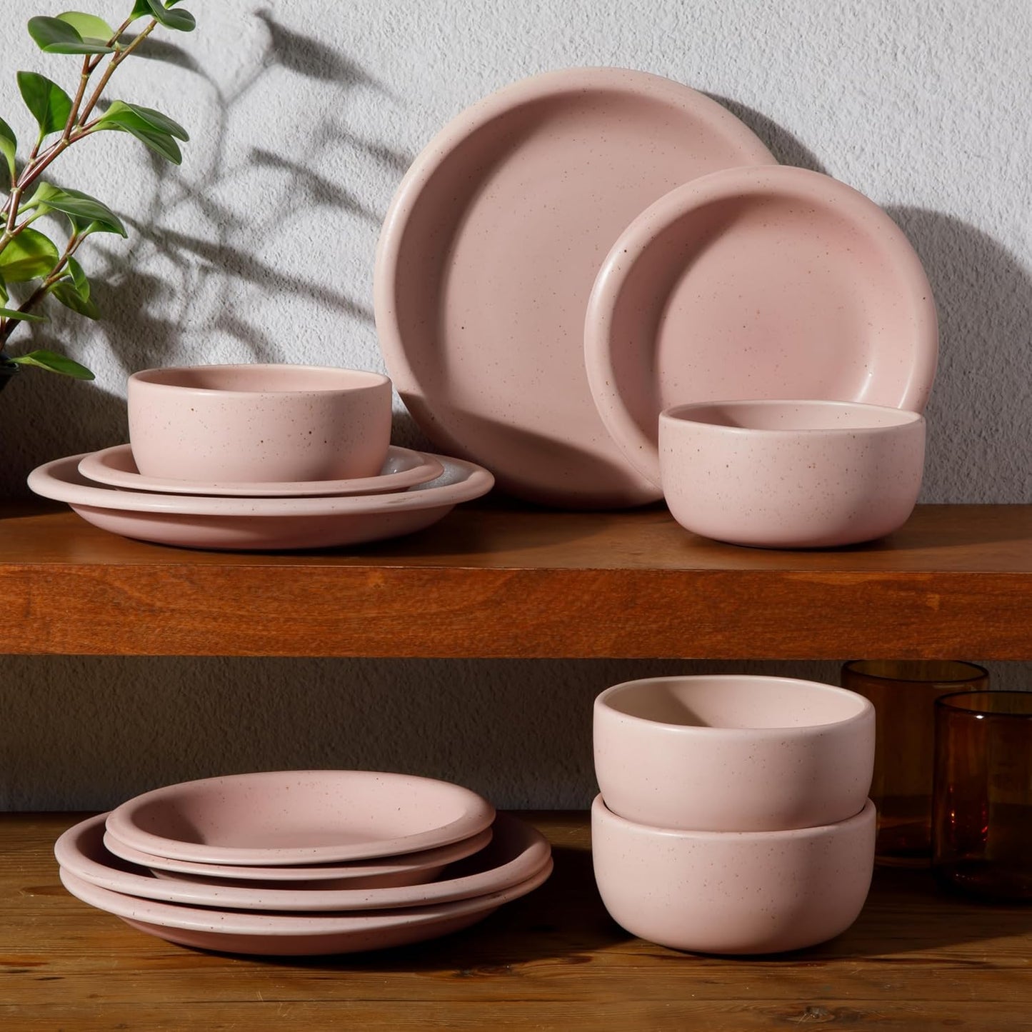 Bloomhouse Corsica Clay 12 Piece Stoneware Rustic Reactive Glaze Dinnerware Set - Stackable Plates and Bowls Set. Service for 4 - Matte Prosecco Blush Pink