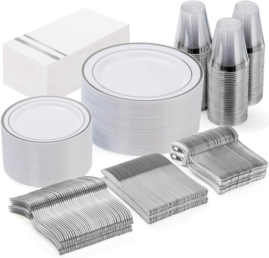 GATHER 350PCS Silver Plastic Plates - White and Silver Disposable Plates for 50 Guests Includes 50 Dinner Plates 50 Dessert Plate 50 Napkins 150 Silvery Cutlery and 50 Cups for Wedding & Party